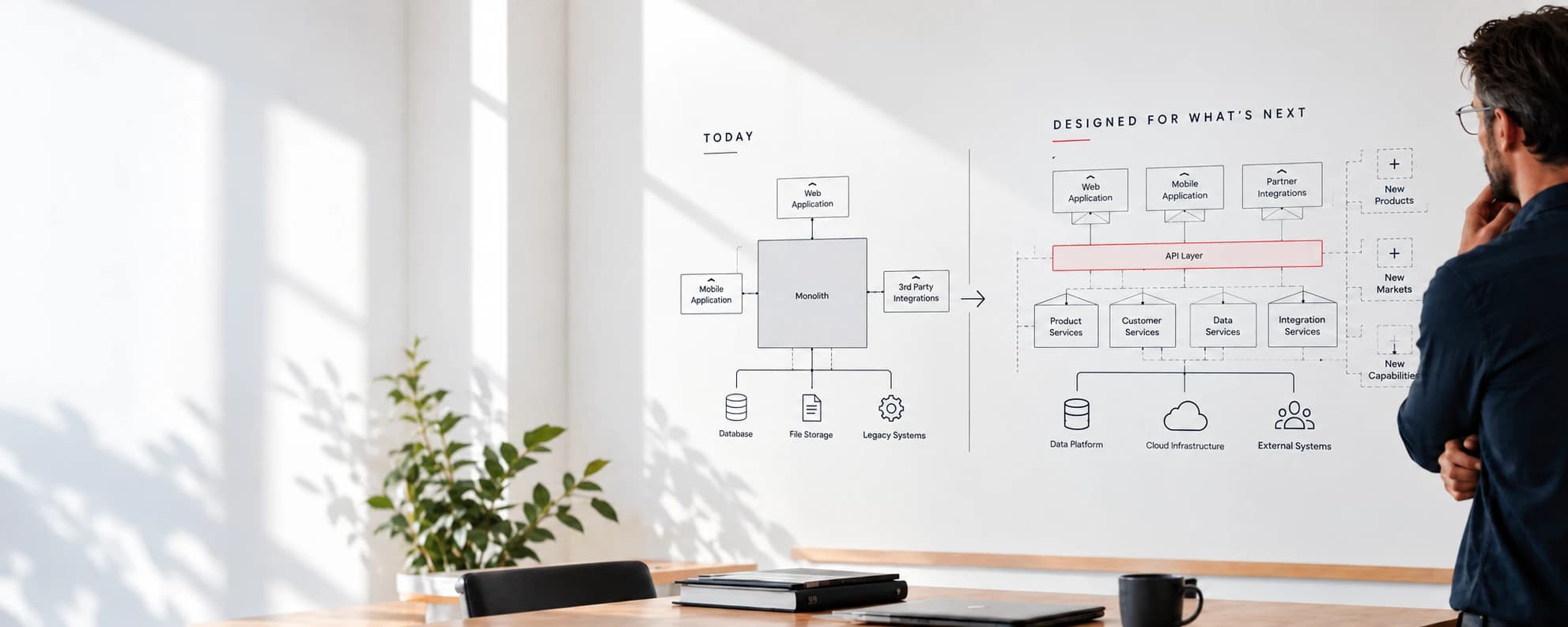 An architect reviewing a whiteboard comparing today's monolithic system with a modular, API-driven architecture designed for future products, markets, and capabilities