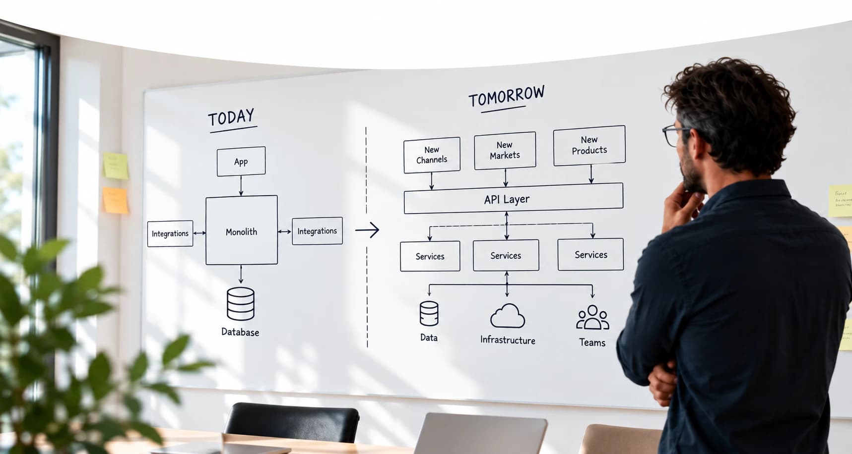 An architect comparing a whiteboard sketch of today's simple app-to-database architecture with tomorrow's channel-driven, service-based architecture