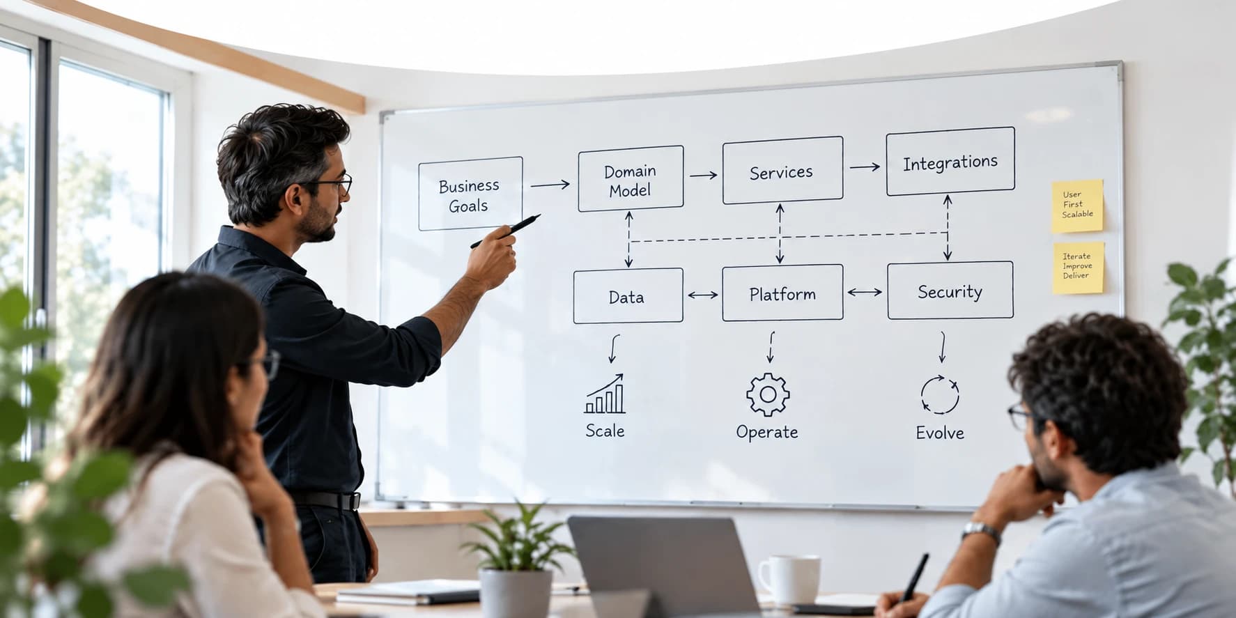 A team reviewing a whiteboard diagram tracing Business Goals through Domain Model, Services, Integrations, Data, Platform and Security to Scale, Operate and Evolve
