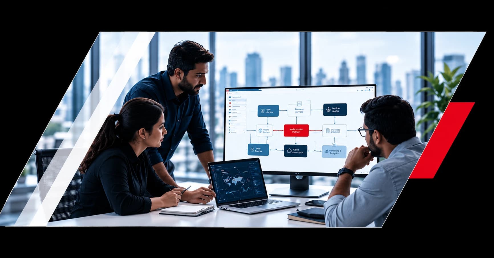 A team reviewing a modernization platform architecture diagram spanning the user interface, business services, APIs, database, cloud infrastructure, and monitoring