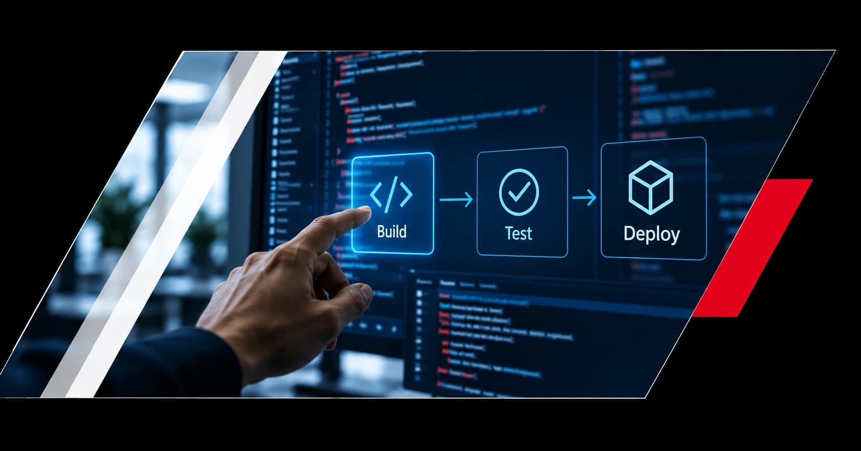 A build, test, deploy pipeline shown on screen