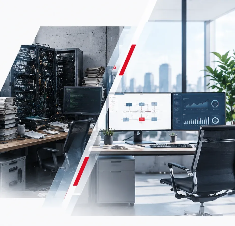 A cluttered legacy server room transitioning into a modern office with architecture and analytics dashboards on screen