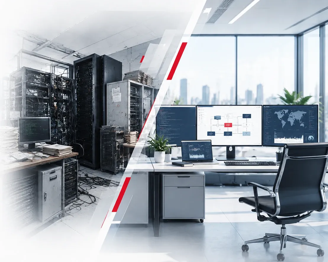 A legacy server room with tangled cabling transitioning into a modern, light-filled office with multiple monitors showing architecture and analytics dashboards