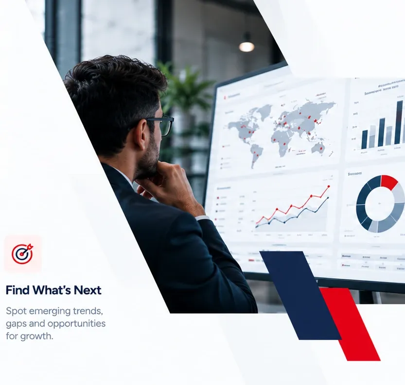 A person reviewing dashboards showing global customer data, growth trends and product distribution