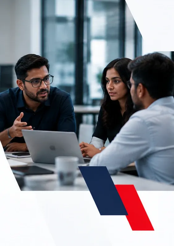 A team discussing a project around a laptop in a meeting room