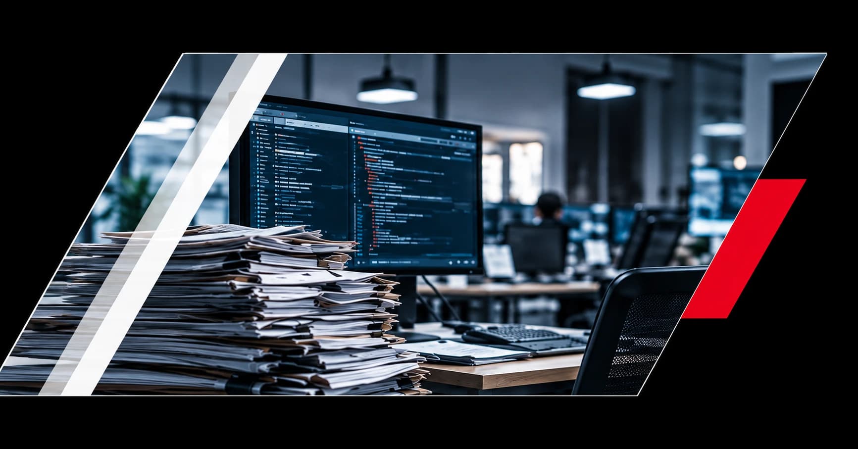 A stack of paper files beside a developer monitor showing code, representing the current state before modernization