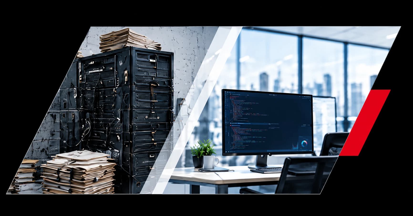 Old server hardware beside a modern developer workstation, representing legacy application modernization