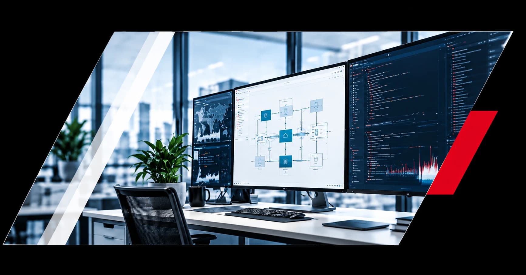 A multi-monitor engineering workstation showing architecture diagrams, dashboards, and code