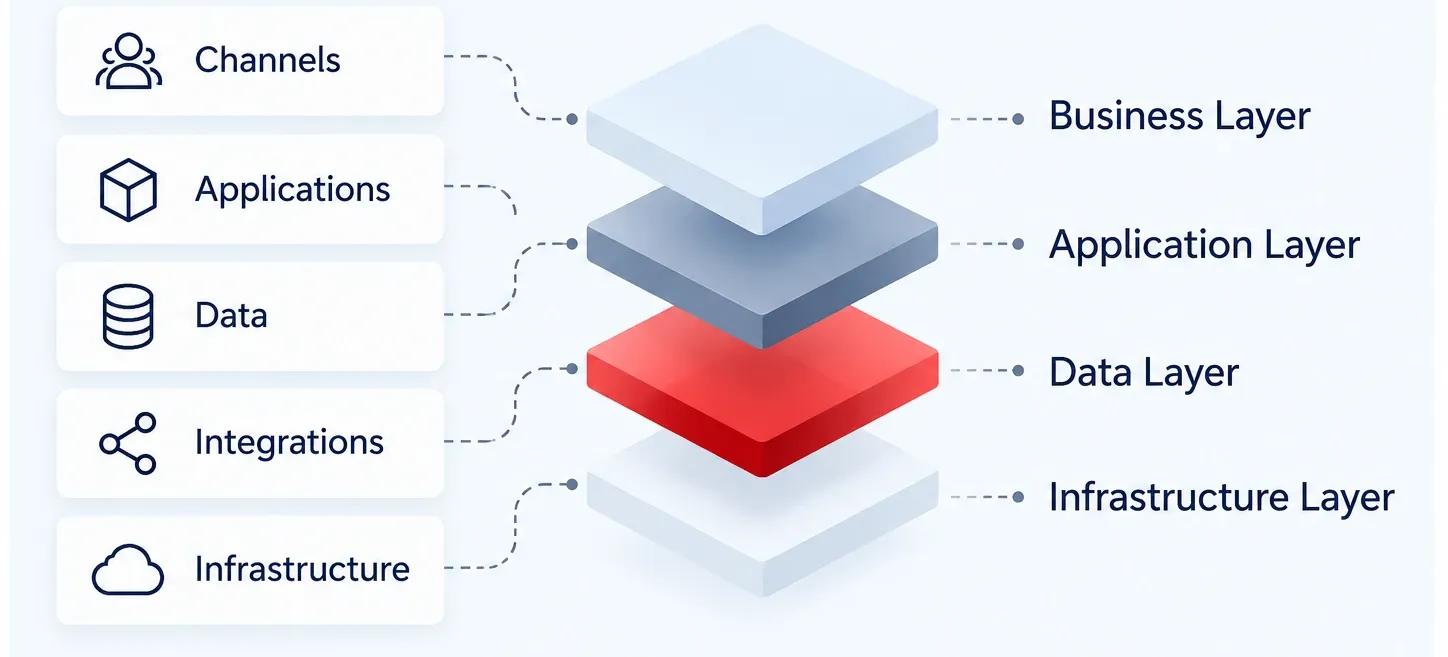 A layered diagram connecting Channels, Applications, Data, Integrations and Infrastructure to a Business Layer, Application Layer, Data Layer and Infrastructure Layer stack