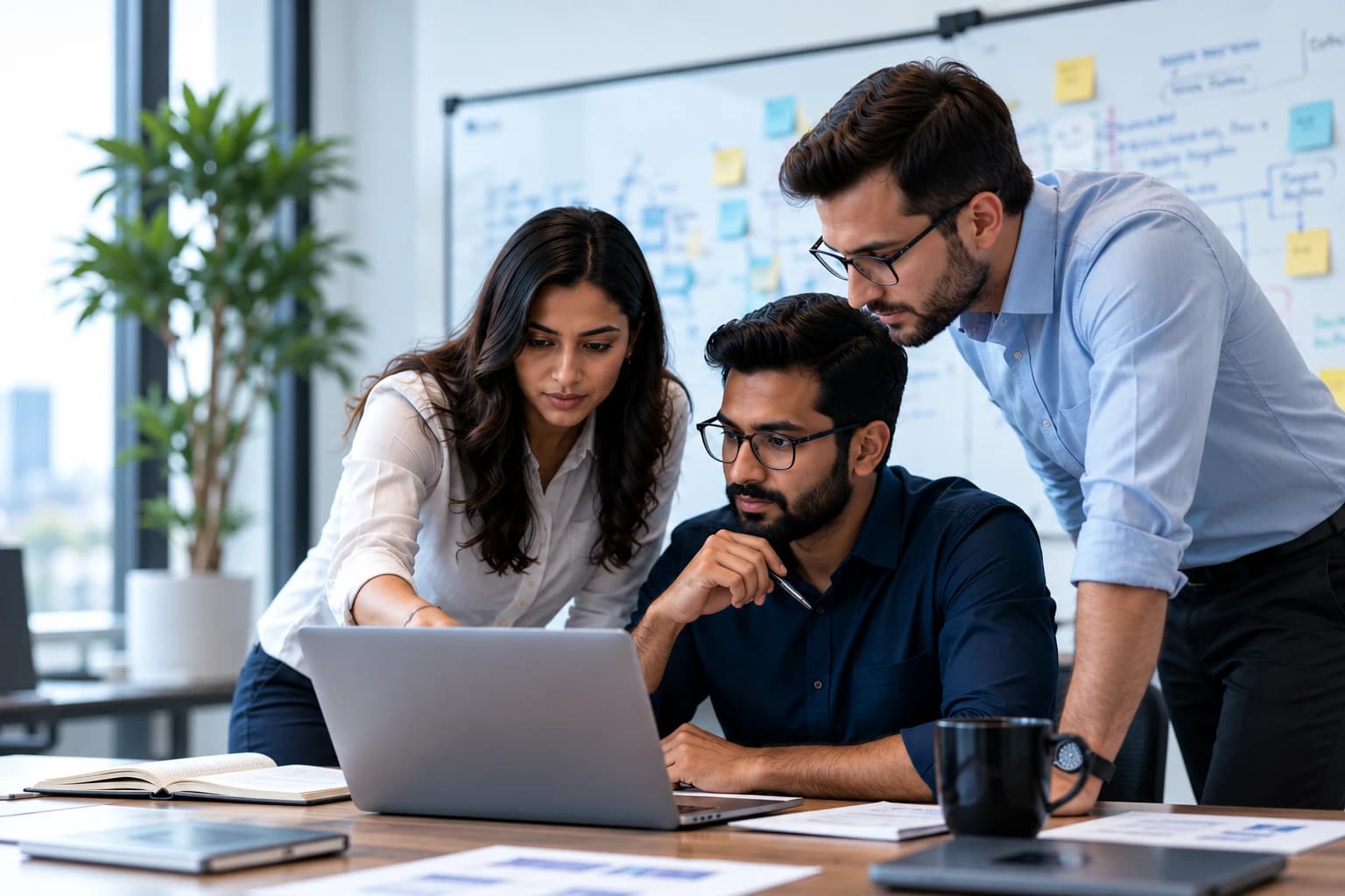 Three colleagues gathered around a laptop, working through a plan together in front of a whiteboard