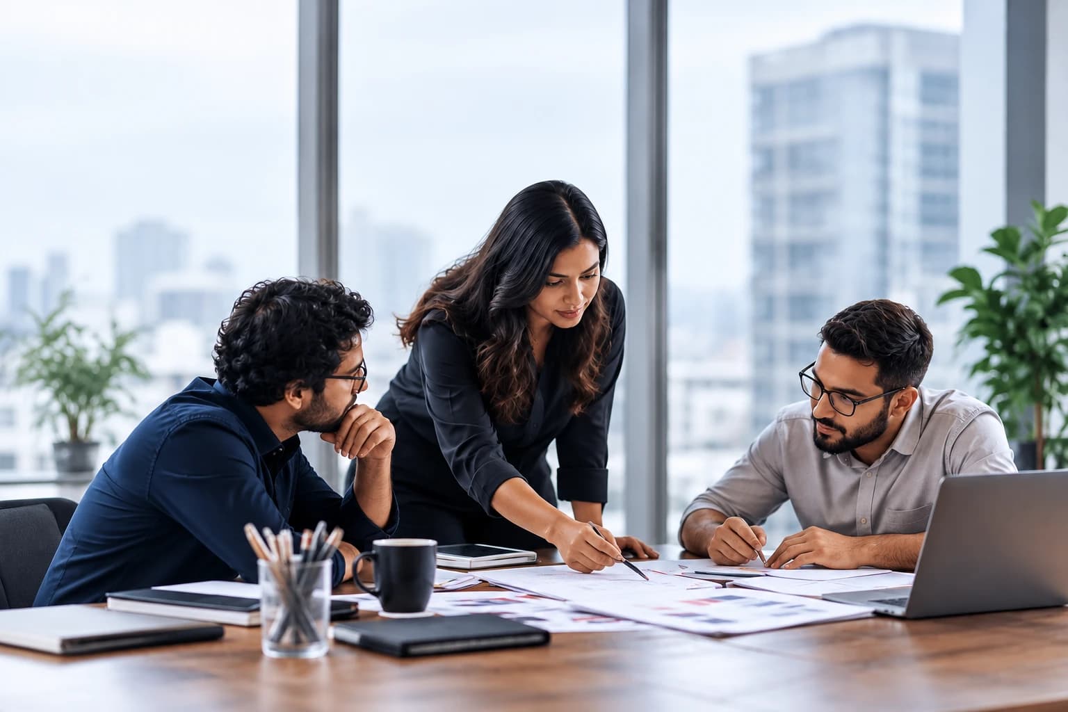 Three colleagues around a meeting table reviewing plans together