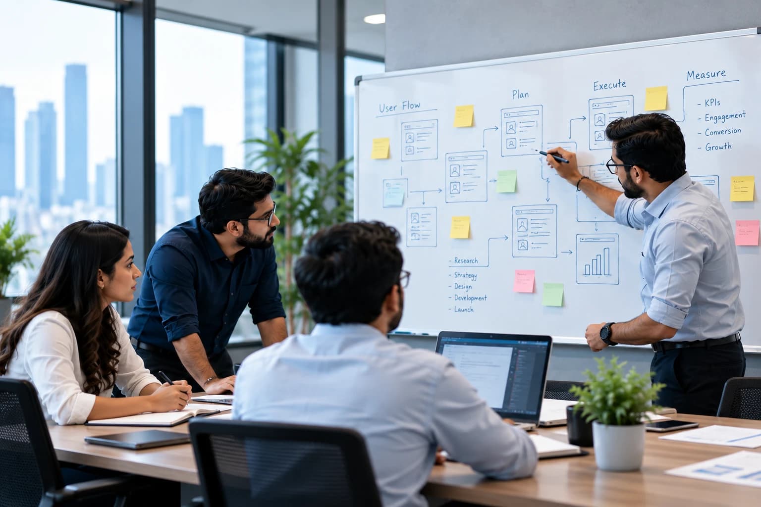A team in a meeting room working through a plan on a whiteboard of user flows and milestones