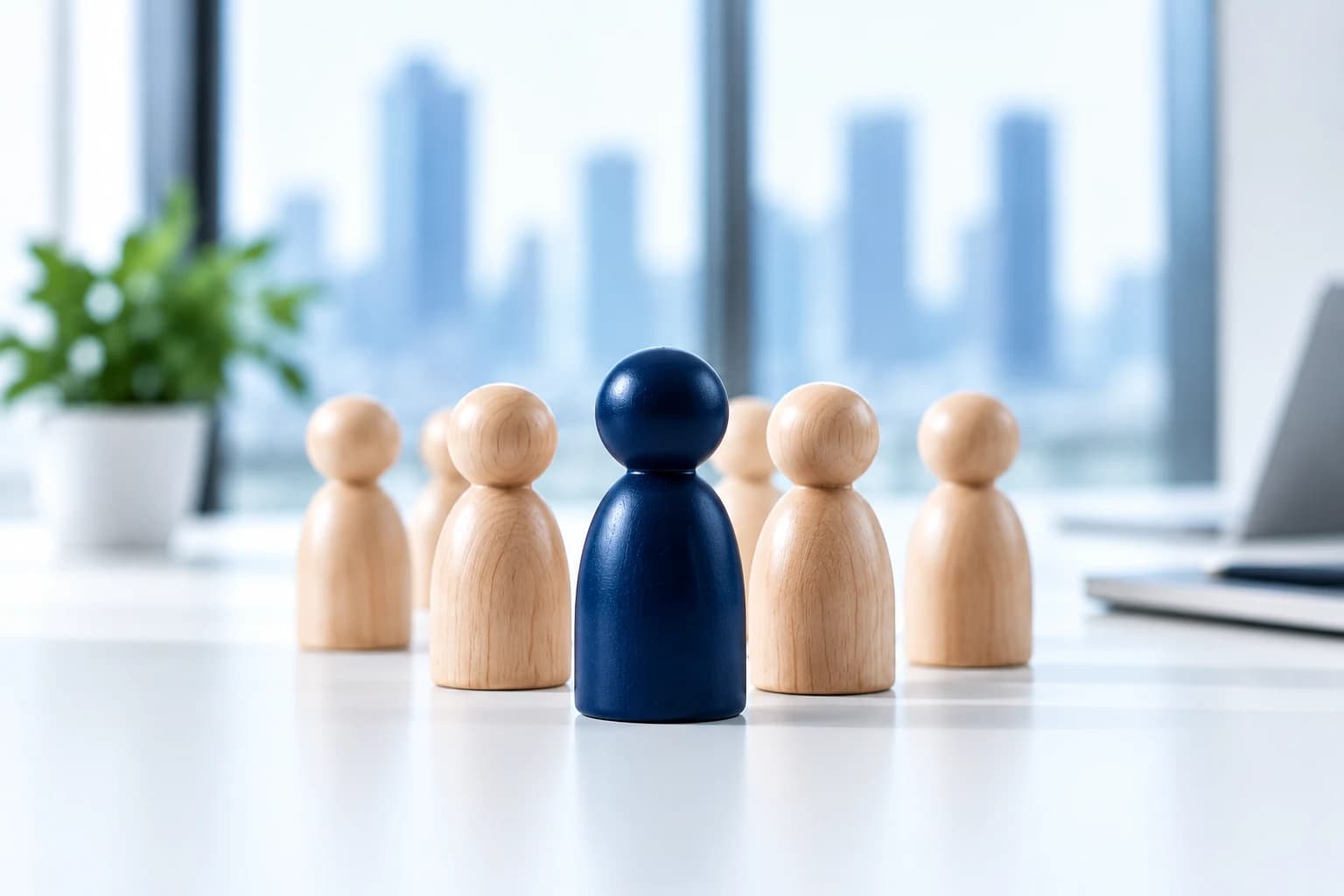 A navy figurine standing among a group of wooden figurines