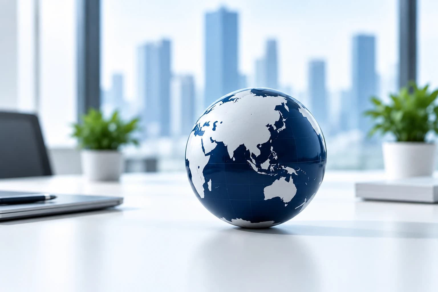 A navy and white globe on an office table in front of a city skyline