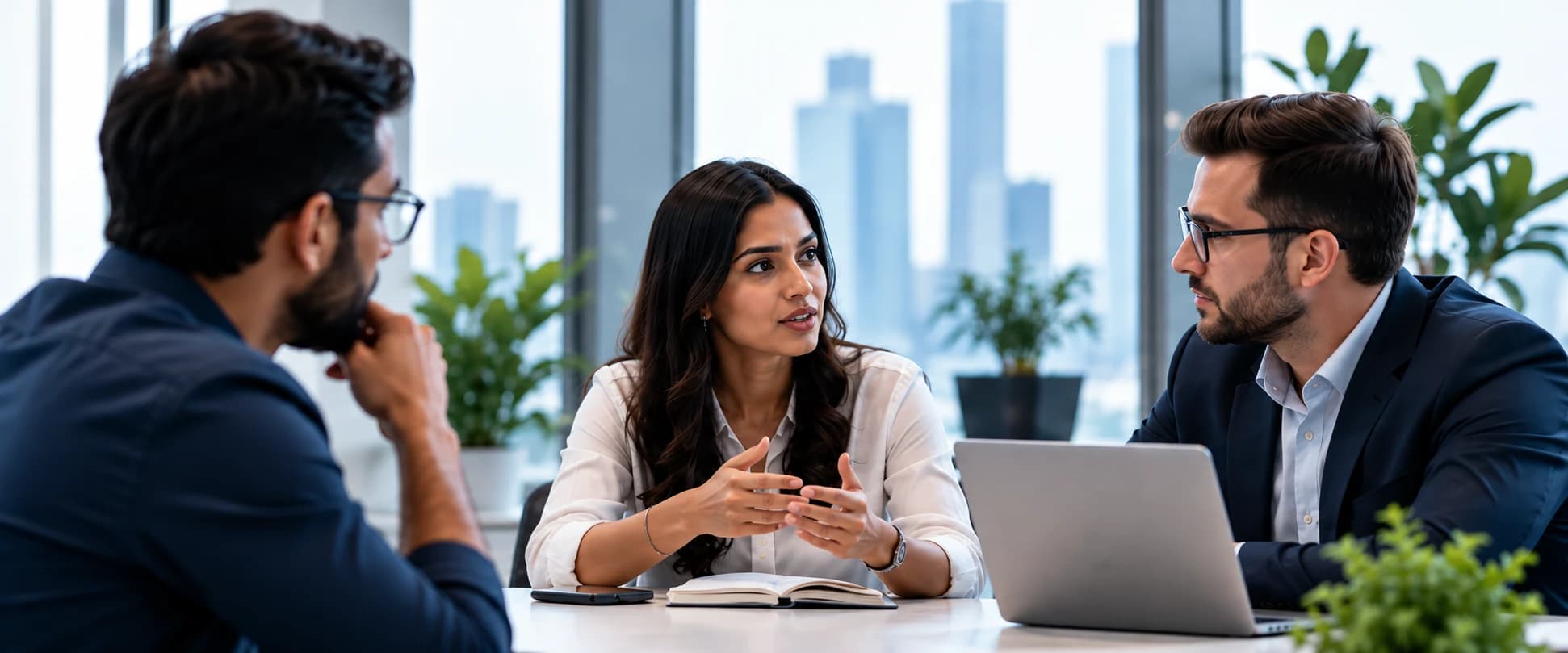 Three colleagues in discussion at a meeting table in a bright office