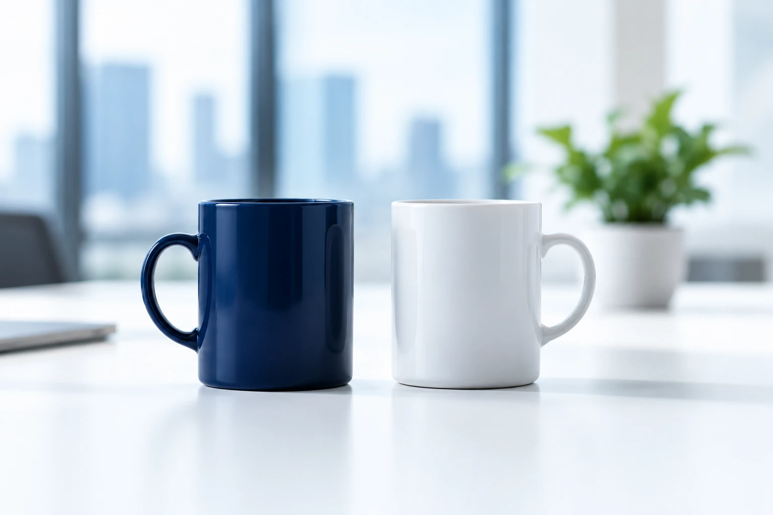 A navy and a white mug side by side on a bright office table
