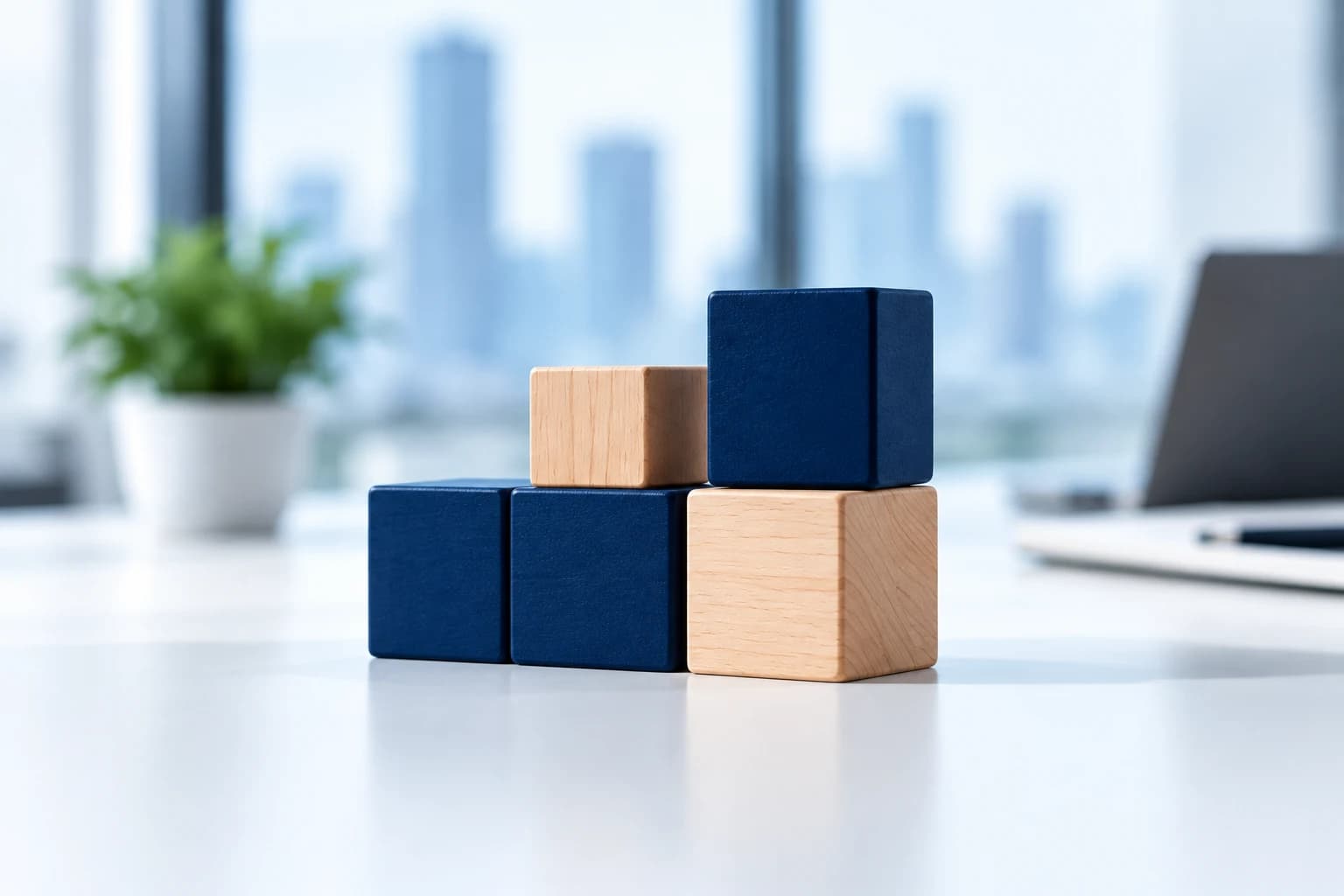 Navy and wooden blocks stacked together on an office table