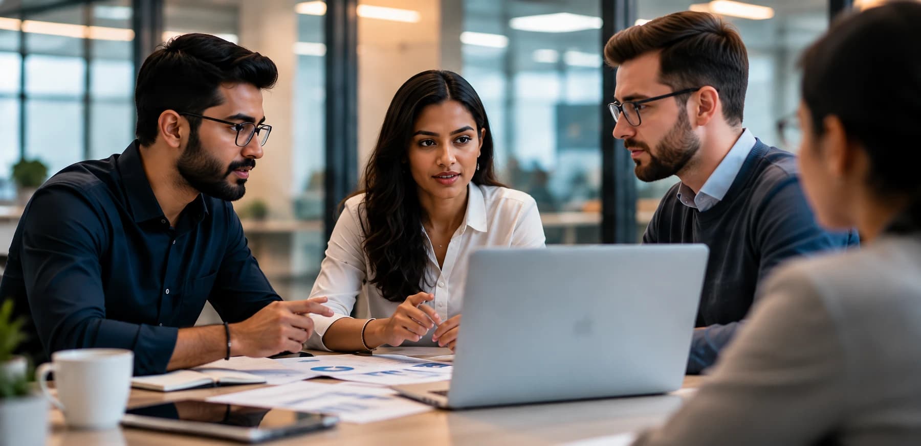 Colleagues in discussion around a laptop at a meeting table