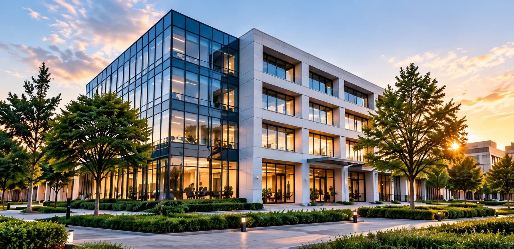 A modern glass and stone corporate office building at sunset
