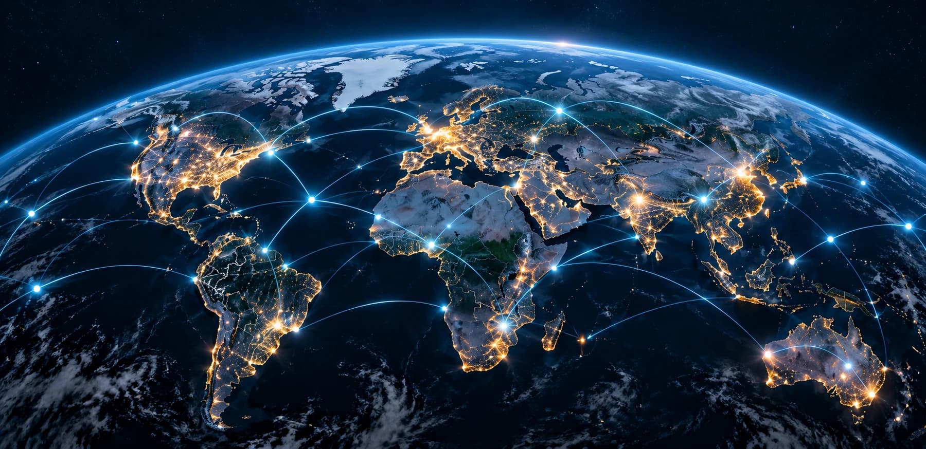 The Earth at night with glowing connections linking cities across continents