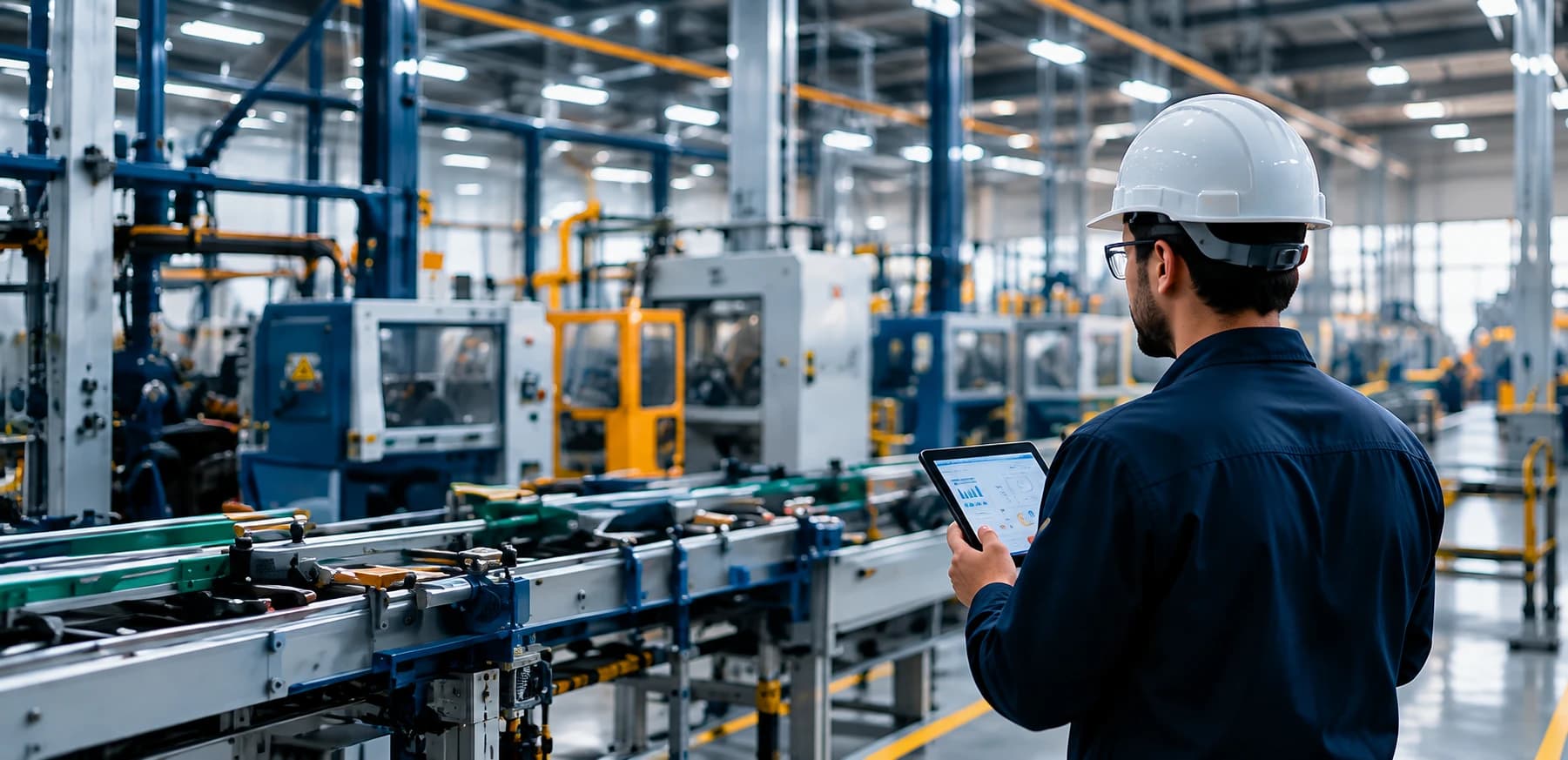 An engineer in a hard hat reviewing a tablet on a factory floor
