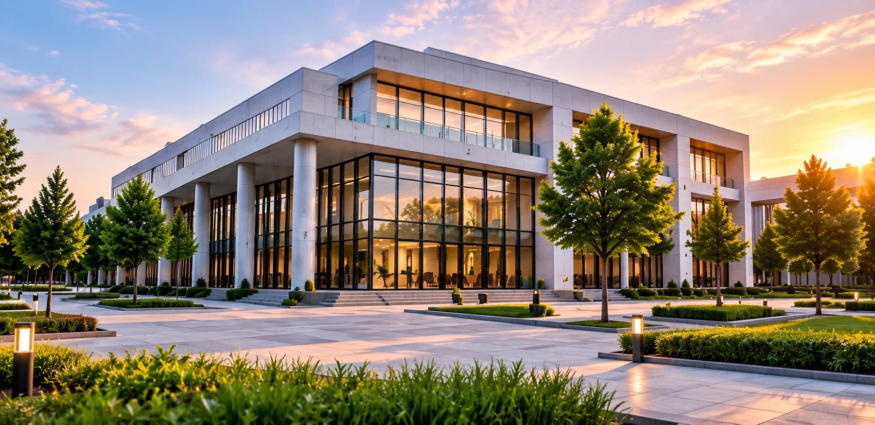 A civic institutional building surrounded by trees and landscaped grounds