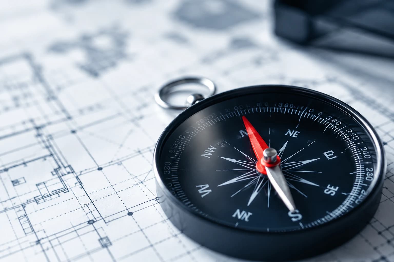 A compass with a red needle resting on architectural blueprints