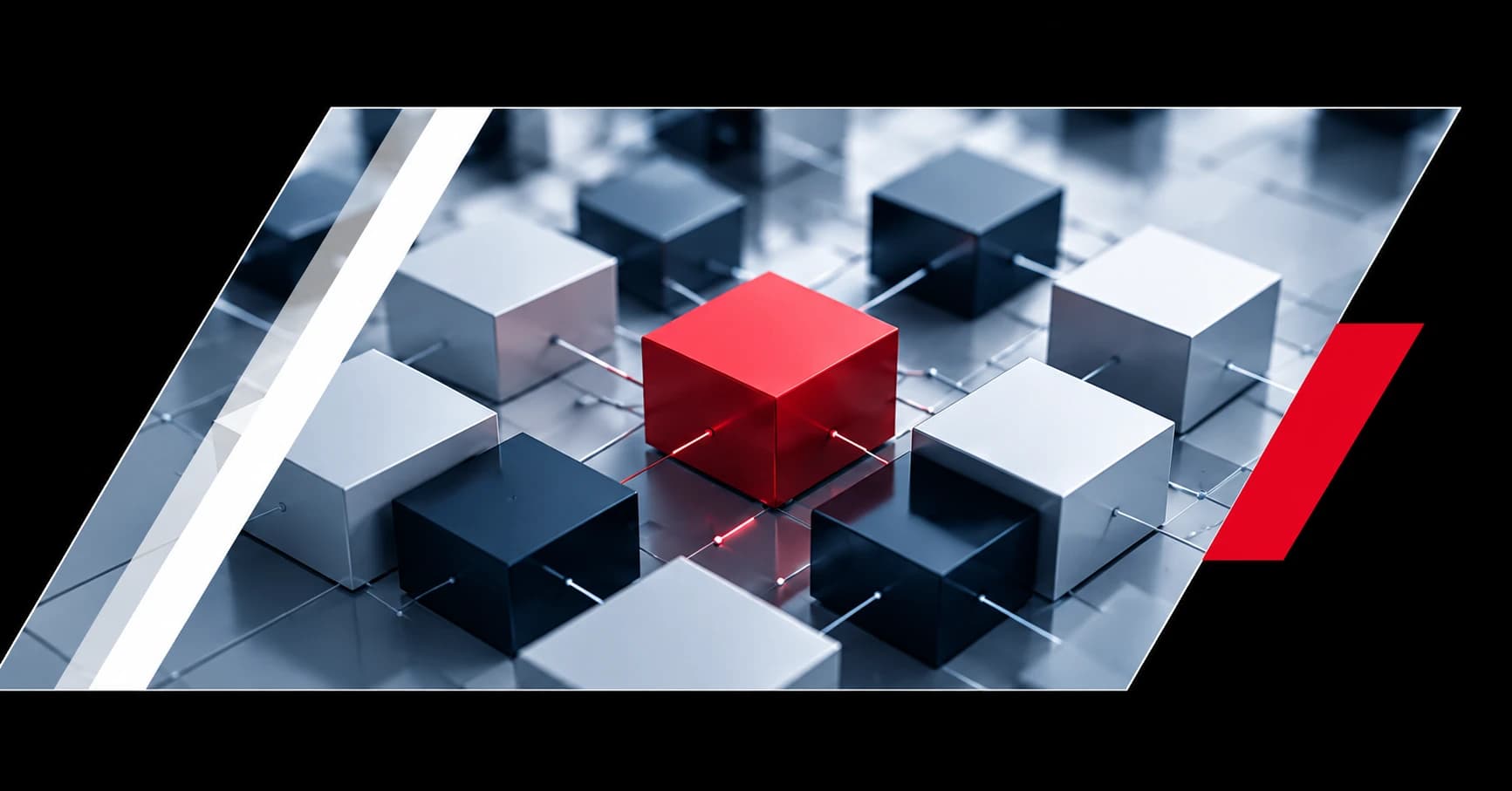 A grid of connected isometric cubes with one highlighted in red at the center, representing modular architecture