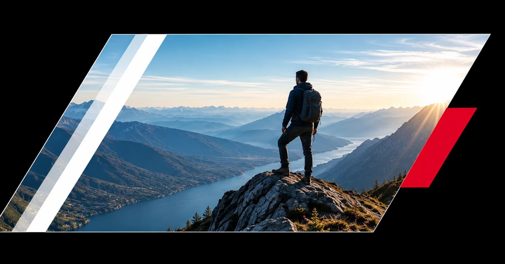A hiker standing on a mountain peak overlooking a river valley at sunrise, representing reaching new heights at scale