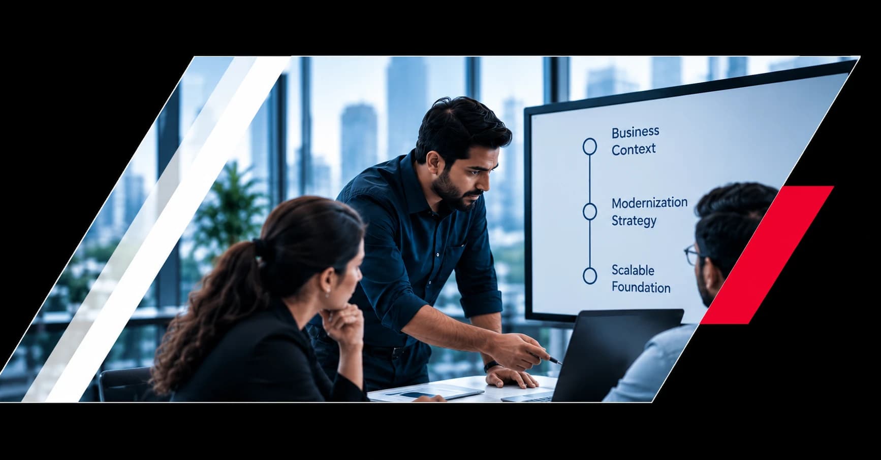 A consultant presenting a modernization roadmap on screen covering business context, modernization strategy, and scalable foundation, while colleagues review the plan