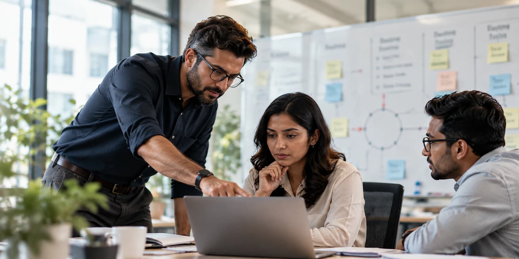 A team reviewing a delivery plan together at a laptop