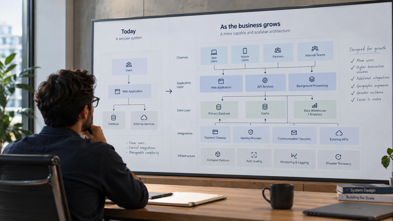 A person reviewing a whiteboard diagram comparing today's simpler system architecture with a more capable, scalable architecture as the business grows