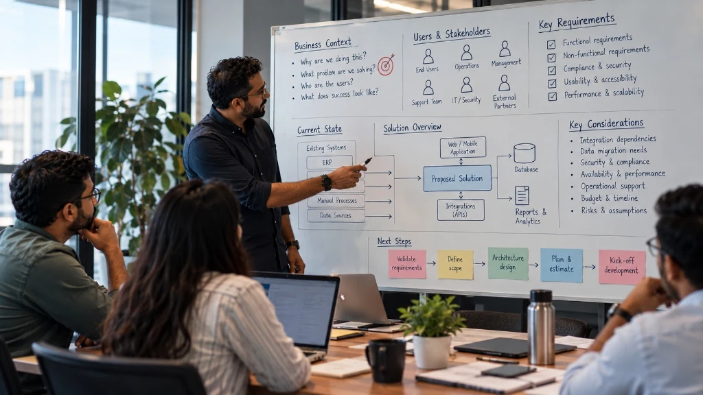Cross-functional strategy session outlining business context, stakeholders, requirements, current state systems, solution overview, and pre-development next steps on a whiteboard